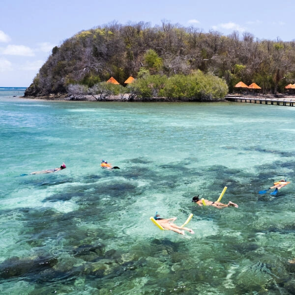 Groupe de passagers du voilier Dénébola faisant du snorkeling dans les fonds blancs à l'îlet Madame